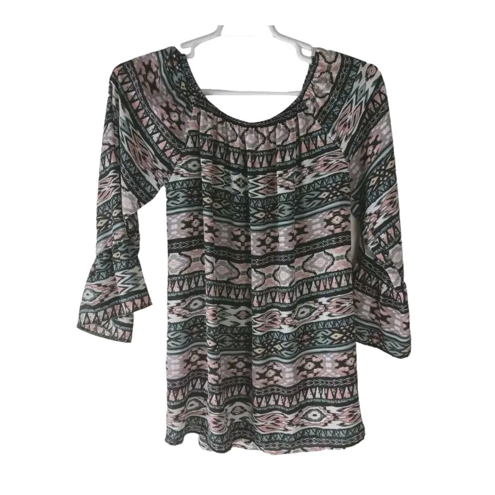 Emma Rose Women's‎  Geometric Print Elastic  Scoop Neck Casual Top Sz Small